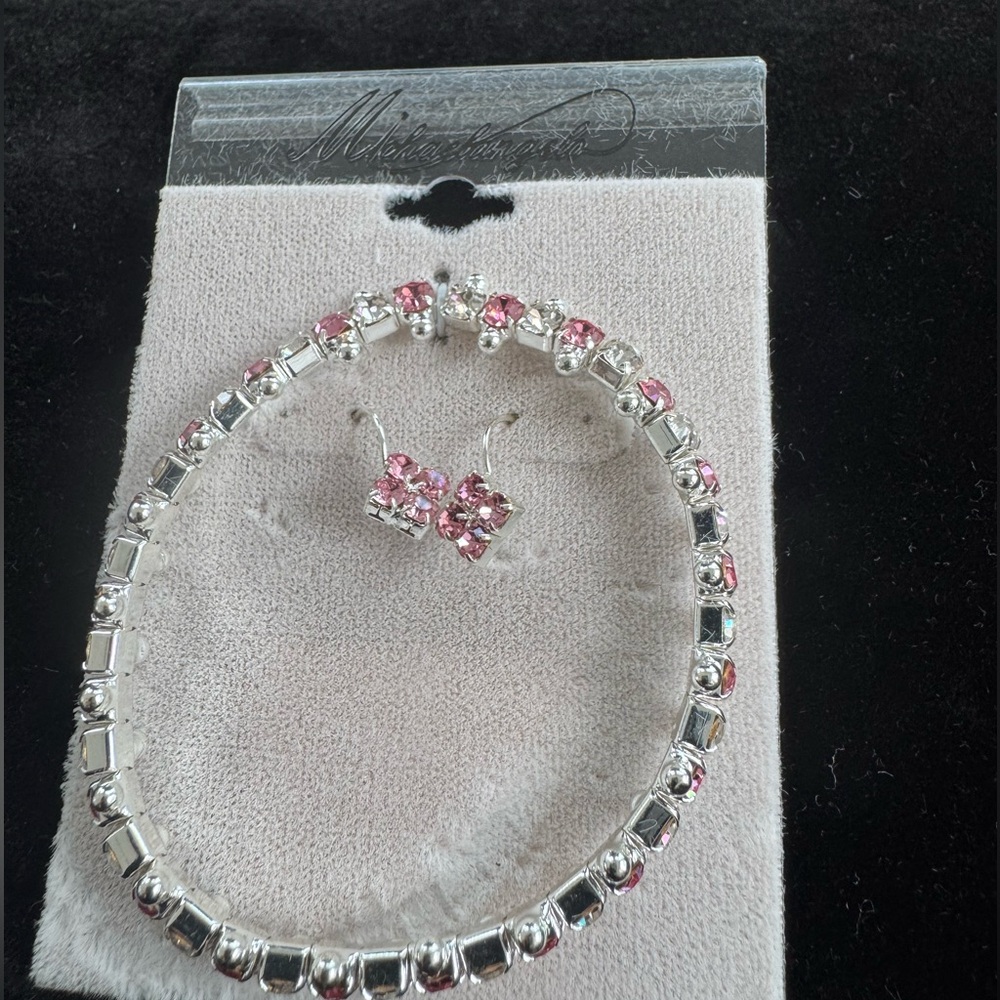 Michaelangelo Cubic Zirconia Pink and Silver Earring and Tennis Bracelet Set